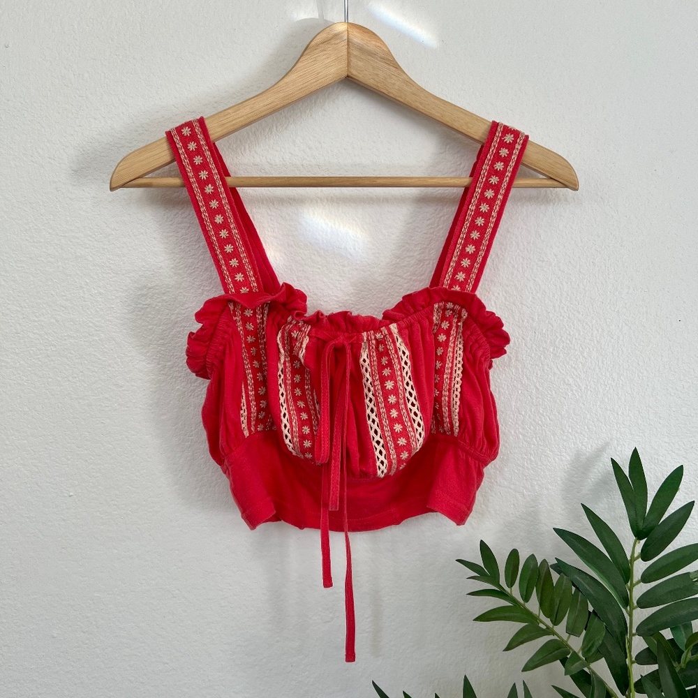 Free People Red Embroidered Crop Tank Top